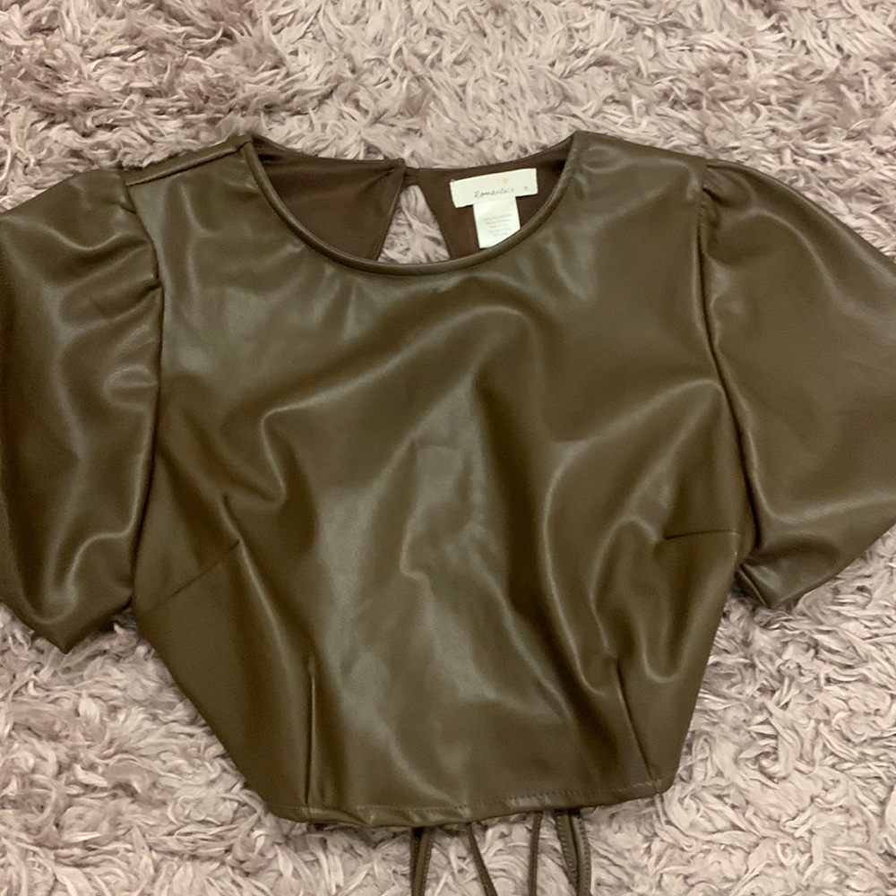 Brown Puff Sleeves Faux Leather Crop Top Size:M
